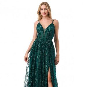 BEAUTIFUL V-NECK CRISSCROSS BACK SEQUIN DRESS WITH A DRAMATIC LEG SLIT L2769T